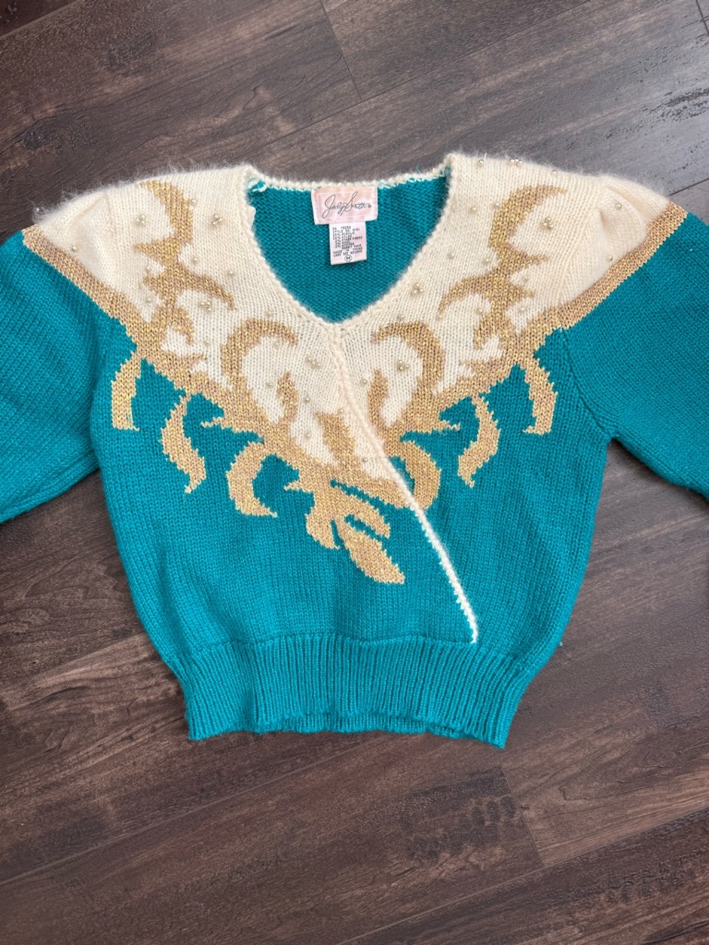 Vintage Jacklyn Smith Beaded Angora Sweater Teal Gold Fits S - Picture 3 of 11